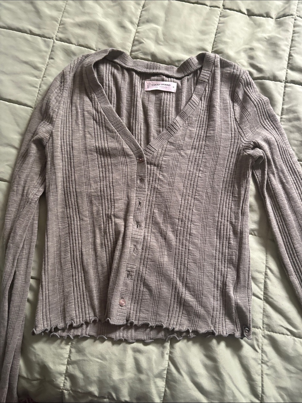 Lucky Brand Ribbed V-Neck Button Cardigan - Taupe Gray